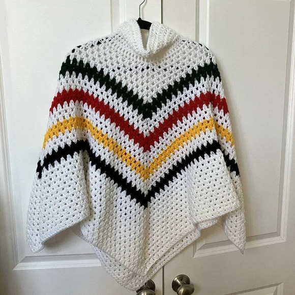 Handmade Crochet White Stripe Turtleneck Poncho Cape - Picture 4 of 4